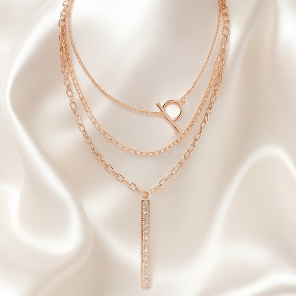 BALLET Jewelry - Multi Strand Rose Gold Tone 24 inches Crystal Vertical Bar Pendant Necklace